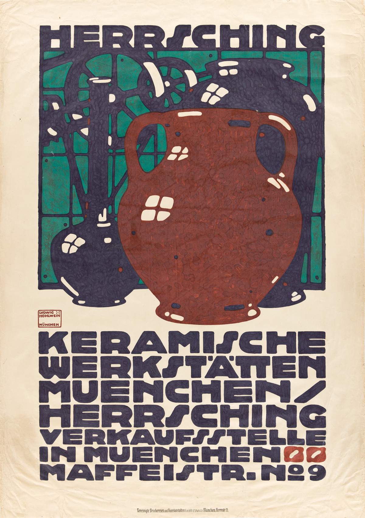 LUDWIG HOHLWEIN (1874-1949).  HERRSCHING / KERAMISCHE WERKSTÄTTEN. 1910. 44x30¾ inches, 111¾x78 cm. G. Schuh, Munich.